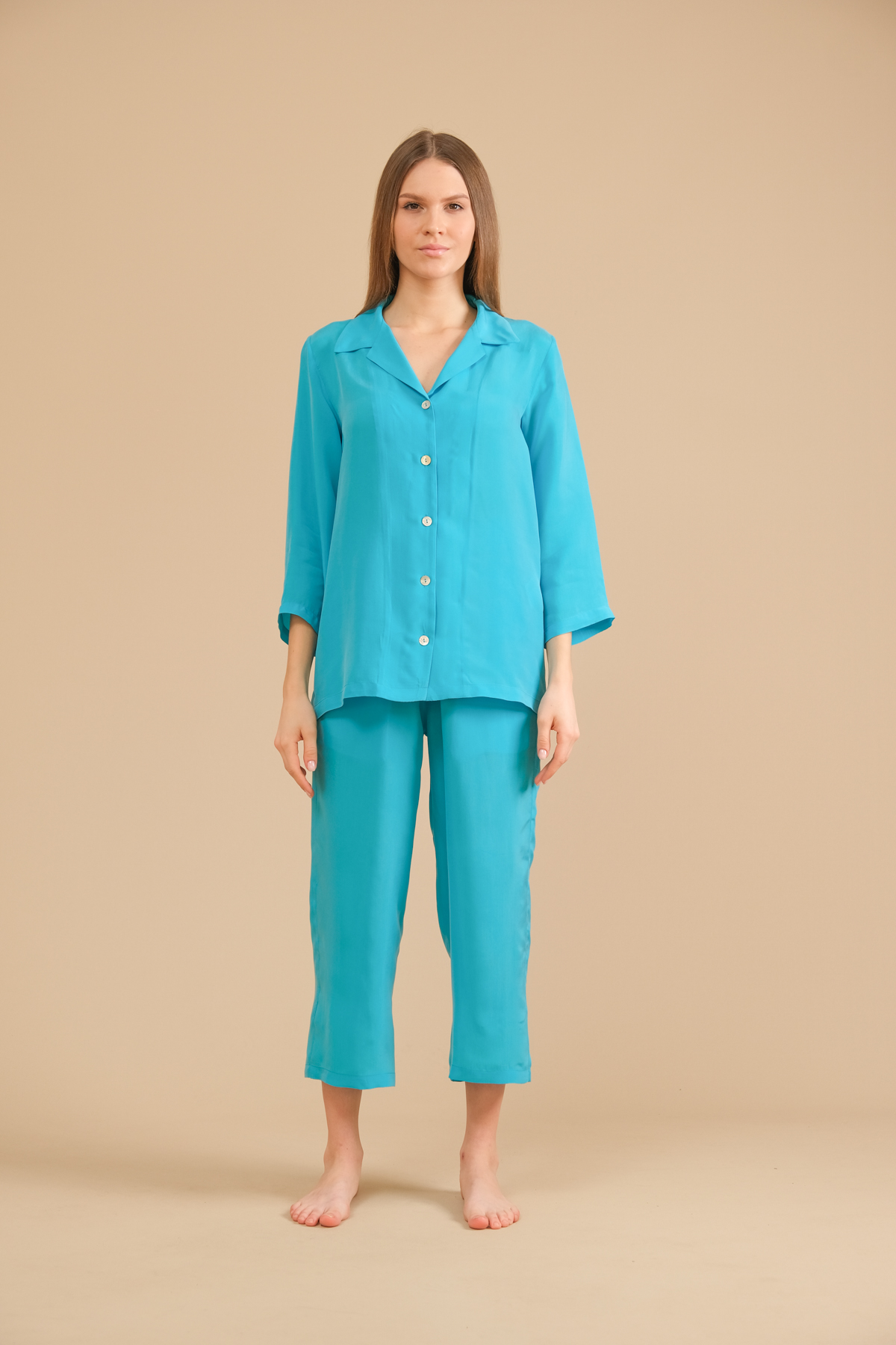 Humeyra Turquoise Vegan Silk Long Pajama Set | Sheima